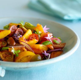 Heirloom tomato, summer peach, and fresh herb gazpacho salad