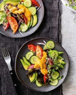 Heirloom tomato, uni, and wakame salad