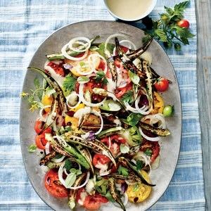 Heirloom tomatoes with charred okra, Vidalias, and malt mayo