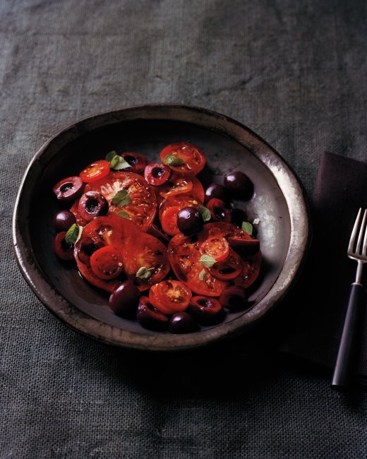 Heirloom tomatoes with cherries, balsamic and hyssop