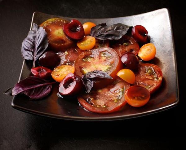 Heirloom tomatoes with cherries, balsamic, and hyssop
