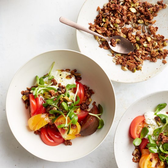 Heirloom tomatoes with ricotta and savory granola
