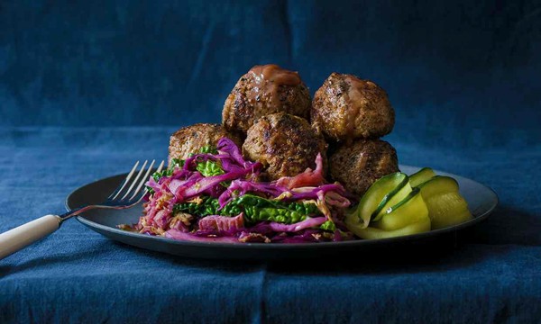 Helga's meatballs with lingonberry preserves, pickled cucumbers and braised cabbage