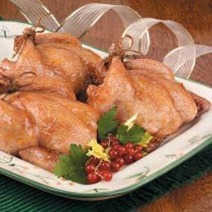 Hens with apricot rice stuffing
