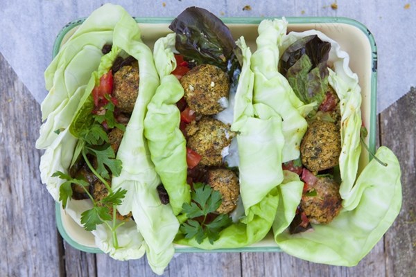 Herb & pistachio falafel [cashew nut dressing; mint yoghurt; tomato chili salsa]