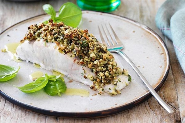 Herb and almond-crusted snapper