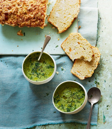 Herb and almond soup with cheese muffin loaf