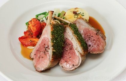 Herb and Dijon-crusted rack of lamb with Niçoise vegetables and gratin potatoes