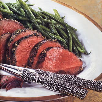 Herb and garlic-crusted beef tenderloin with red and yellow pepper relish