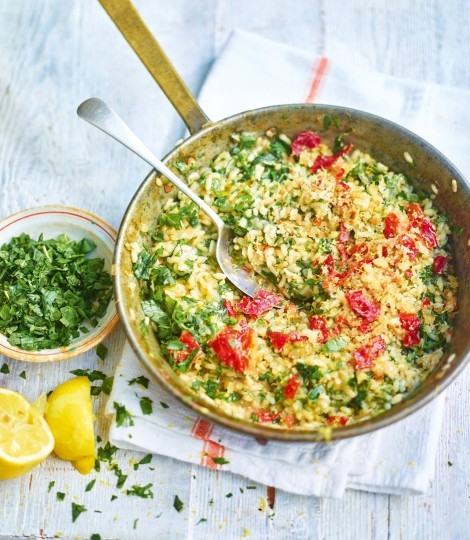 Herb and lemon risotto with Parma ham crumbs