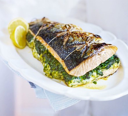 Herb and mascarpone stuffed salmon