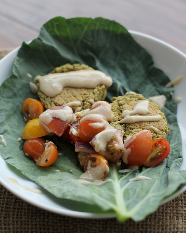 Herb and pistachio falafel (with tomato-chili salsa and tahini sauce)