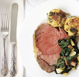 Herb-and-salt-crusted standing rib roast with morel sauce