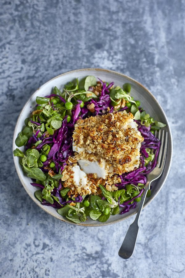 Herb and walnut crumbed fish with pickled red cabbage