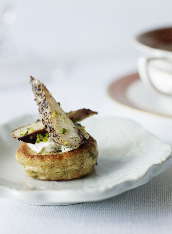 Herb blini with smoked fish