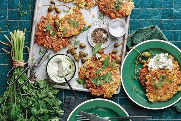 Herb, corn and haloumi fritters
