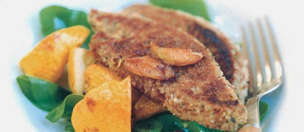Herb-crumbed calves' liver with garlic roast acorn squash