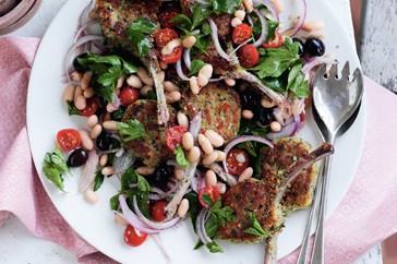 Herb-crumbed cutlets with bean & parsley salad