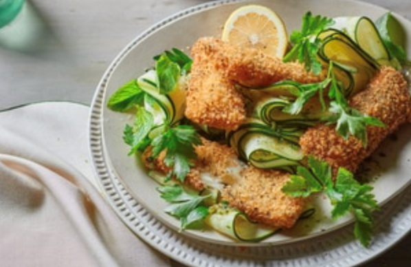 Herb-crumbed haloumi and zucchini salad with lemon preserve