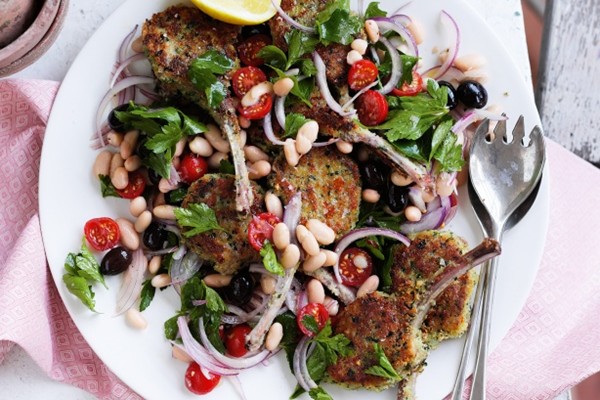 Herb-crumbed lamb cutlets with bean and parsley salad