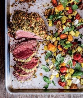 Herb-crusted beef tenderloin with ratatouille