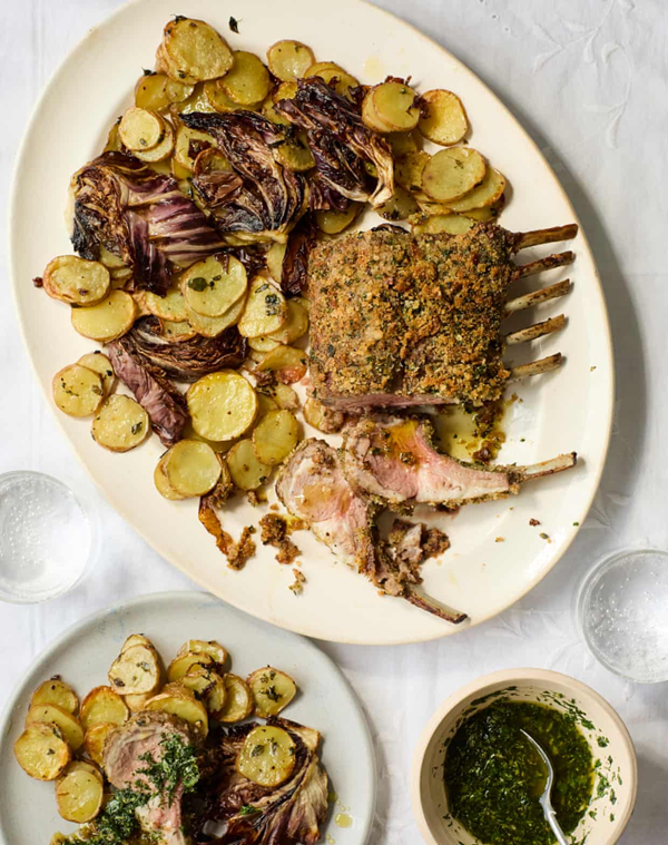 Herb-crusted lamb rack with green sauce