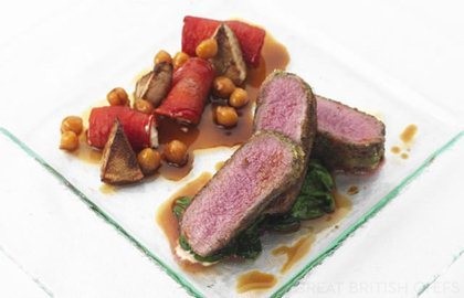 Herb crusted loin of lamb with chickpeas, confit tomato, artichoke and goat’s cheese