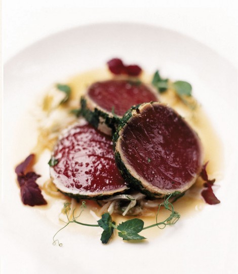 Herb-crusted loin of tuna with mooli