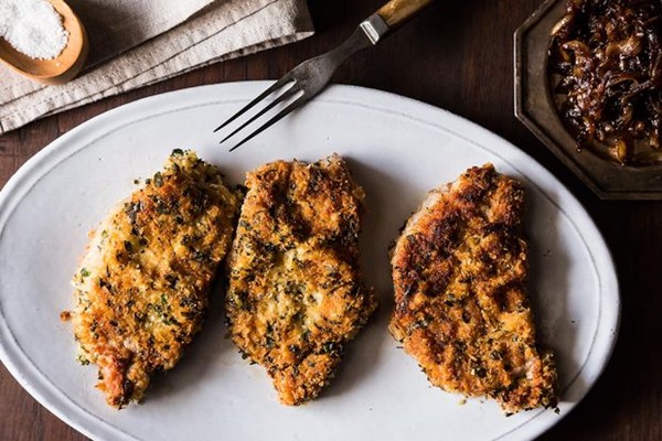 Herb crusted pork chops with balsamic onions