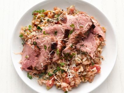 Herb-crusted pork tenderloin with tomato rice