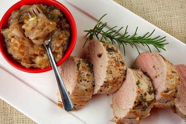 Herb-crusted pork tenderloin with red onion jam