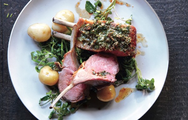 Herb-crusted rack of lamb with new potatoes