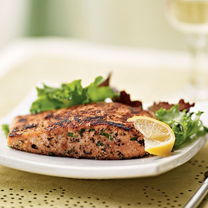 Herb-crusted salmon with mixed greens salad