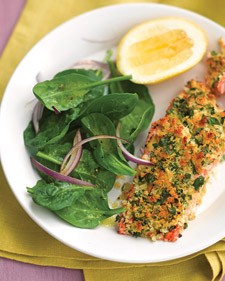 Herb-crusted salmon with spinach salad