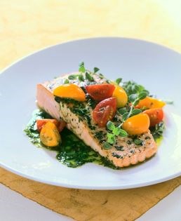Herb-crusted sautéed salmon fillets with pistou