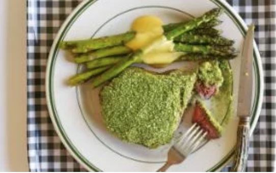 Herb-crusted sirloin with grilled asparagus and miso Hollandaise
