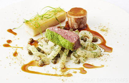 Herb crusted welsh lamb chump, liquorice confit lamb neck, caramelised fennel, capers and ‘spice of angels’