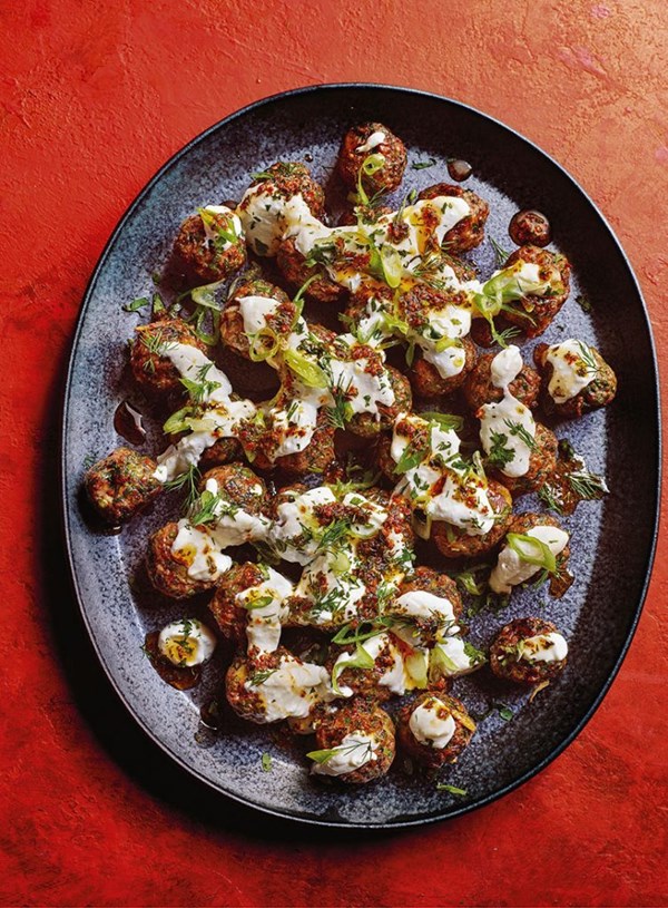 Herb koftas with warm yoghurt sauce and spiced mint butter