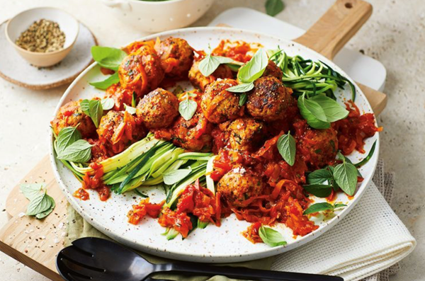 Herb-loaded pork meatballs with zucchini noodles