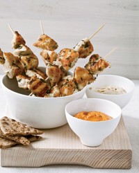 Herb-marinated chicken skewers with harissa