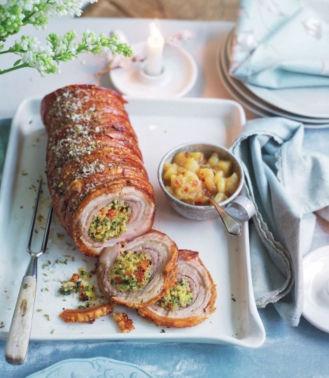 Herb quinoa rolled roast pork with fennel crackling