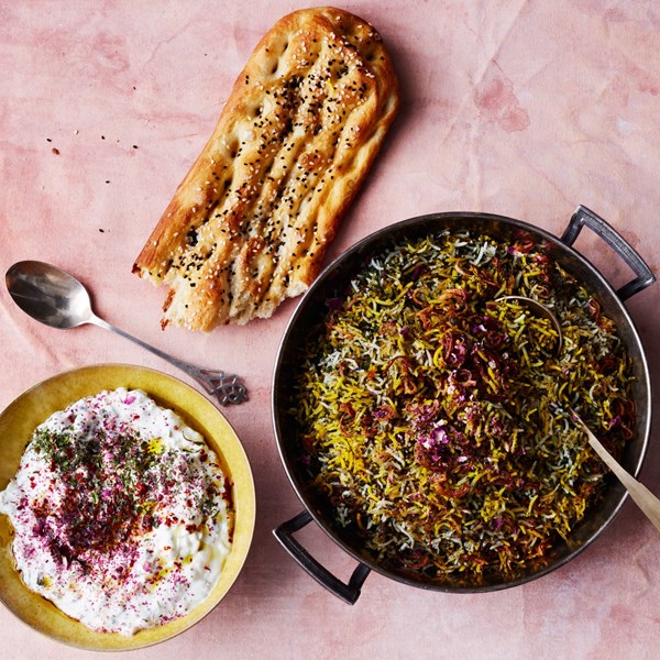 Herb rice with green garlic, saffron, and crispy shallots