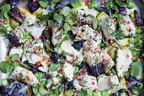 Herb-roast cod and cauliflower, courgettes, broad beans, watercress and pomegranate