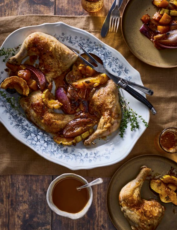 Herb roasted chicken and winter squash with orange balsamic sauce