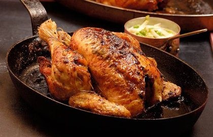 Herb roasted chicken with buttered peas, lettuce and bay leaf
