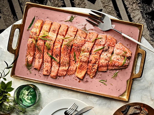 Herb-roasted king salmon with Pinot-noir sauce
