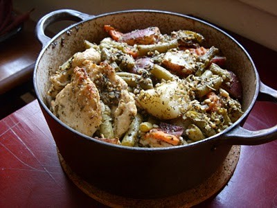 Herb-roasted vegan chicken and vegetables