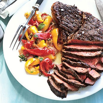 Herb-rubbed top sirloin steak with peperonata
