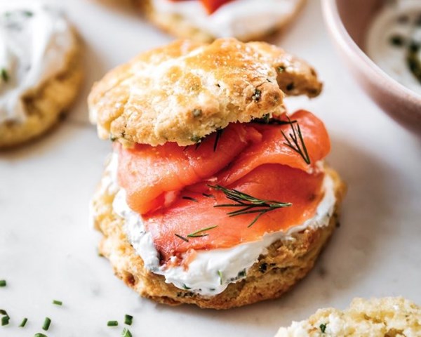 Herb scones with chive cream and smoked salmon