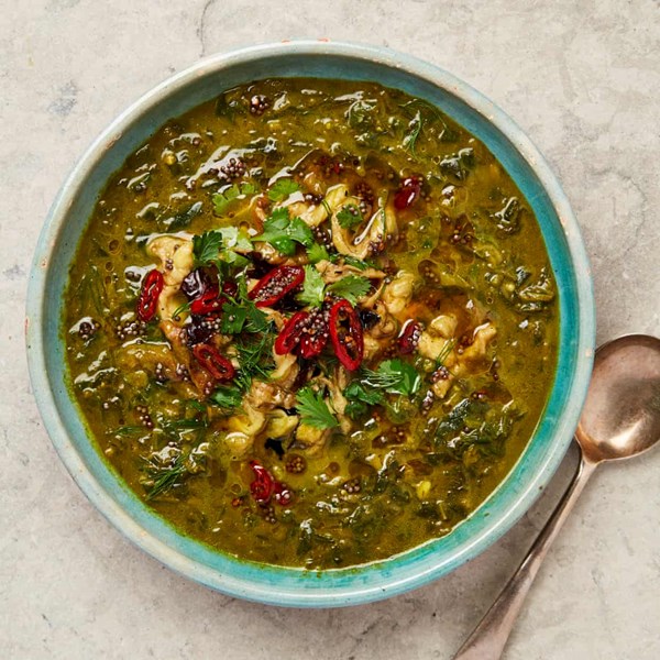 Herb, spinach and burnt aubergine soup